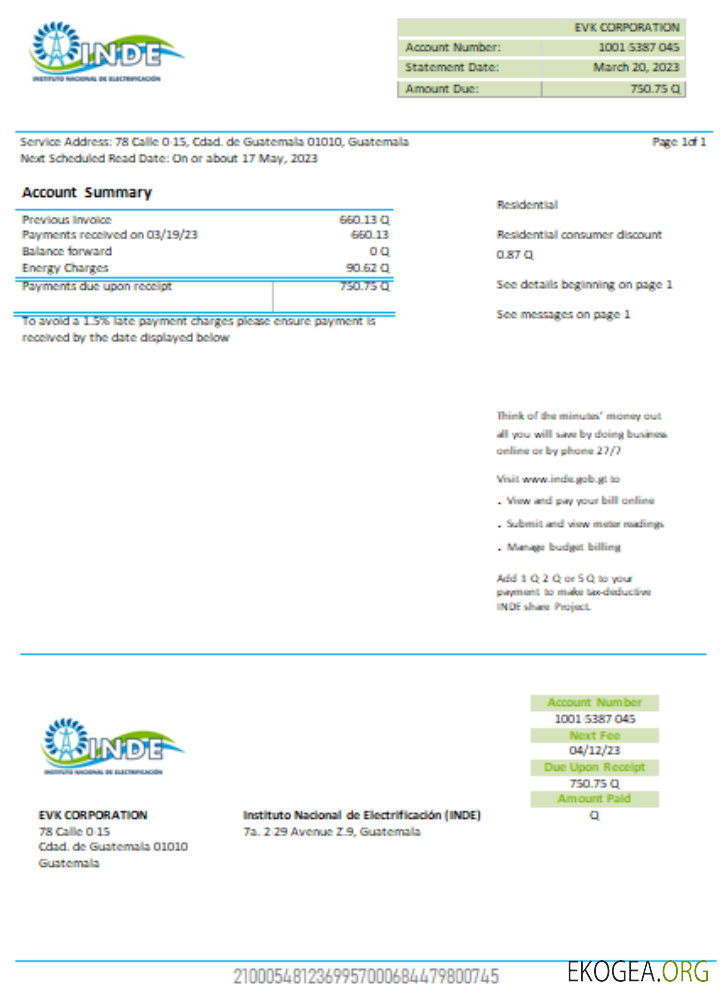 INDE Instituto Nacional De Electrificacion facture commerciale du service public d'électricité, SCR
